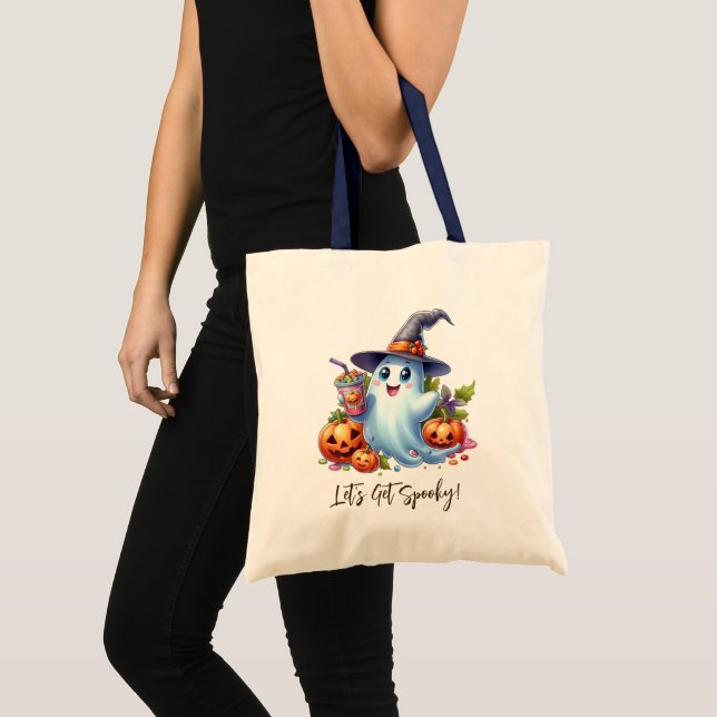 Cute Ghost with spooky drinks, Halloween Tote Bag (Front (Product))