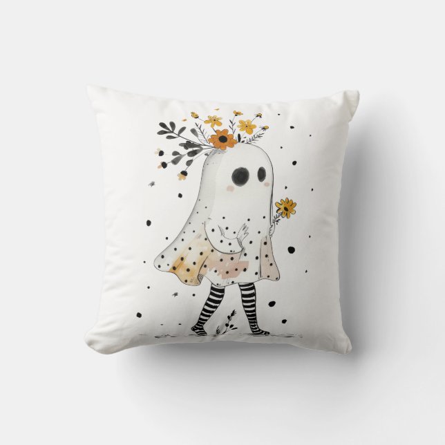 Cute Ghost with Sunflowers Whimsical Halloween Cushion (Front)