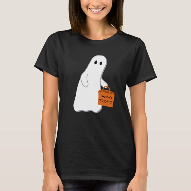 Cute Ghost with Treat Bag Personalised T-shirt (Front)