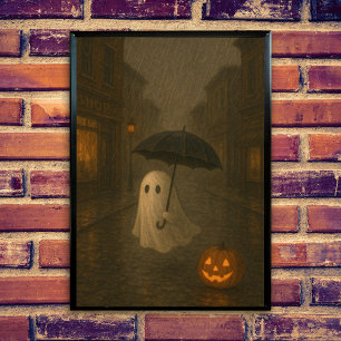 Cute Ghost with Umbrella   Halloween Dark Academia Poster