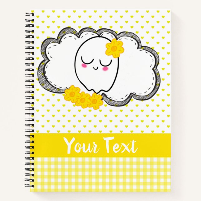 Cute Ghost Yellow Hearts Name Notebook (Front)