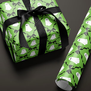 Cute Ghosts and Black Bows on Green Halloween Wrapping Paper