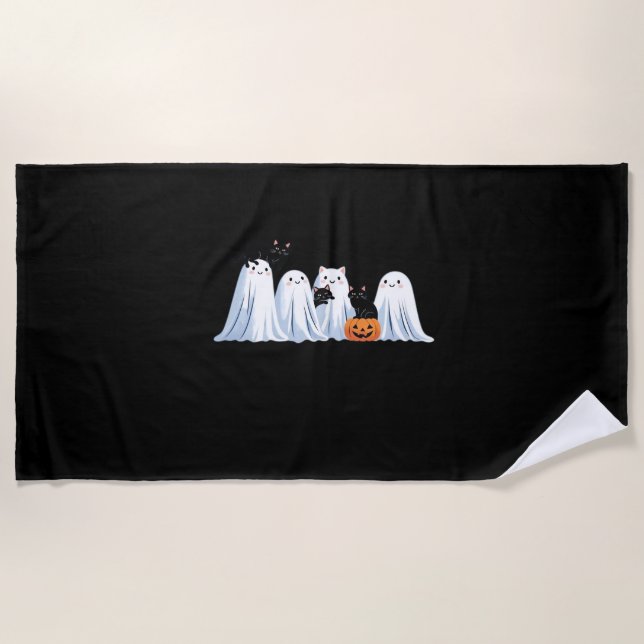Cute Ghosts and Black Cats Halloween – Spooky Seas Beach Towel (Front)