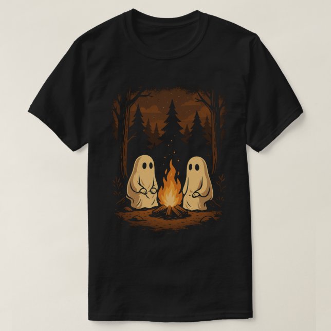 Cute Ghosts Around Campfire Halloween T-Shirt (Design Front)