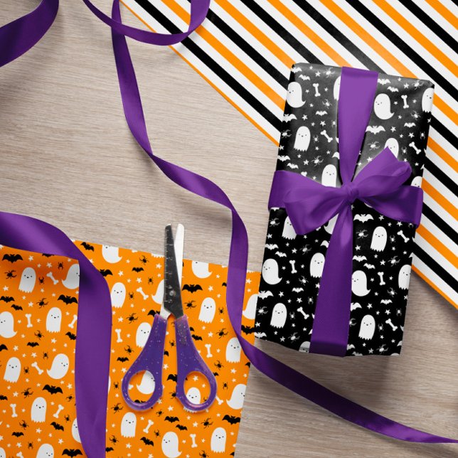 Cute Ghosts & Bats Orange Halloween Wrapping Paper Sheet (Creator Uploaded)