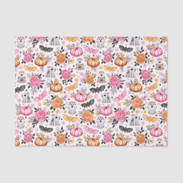 Cute Ghosts, Bats, Pumpkins and Florals Halloween Tissue Paper (Front)