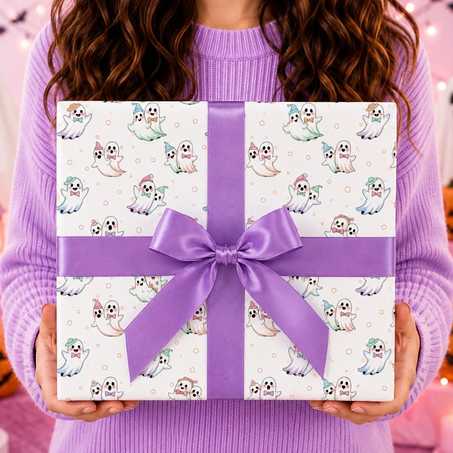 Cute Ghosts Bow Tie Hats Halloween Wrapping Paper (Creator Uploaded)