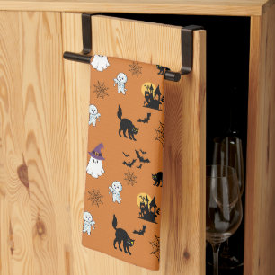 Cute Ghosts Cats Bats Halloween Tea Towel