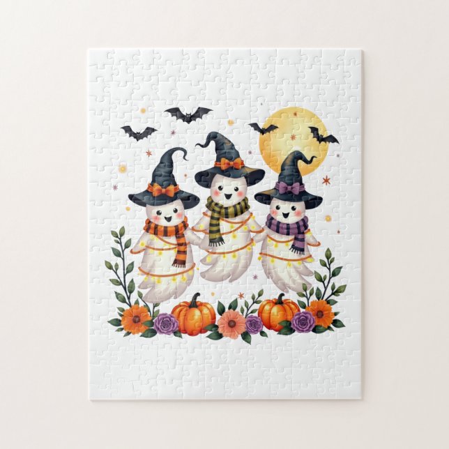 Cute Ghosts Flowers Pumpkins Bats Halloween Kids Jigsaw Puzzle (Vertical)