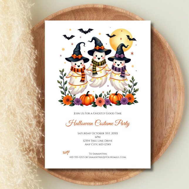 Cute Ghosts Flowers Pumpkins Bats Halloween Party Invitation (Cute Ghosts Halloween Party Invitation for kids and adults. All fields are editable)