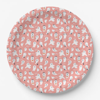 Cute ghosts Halloween Elegant Pink White Paper Plate
