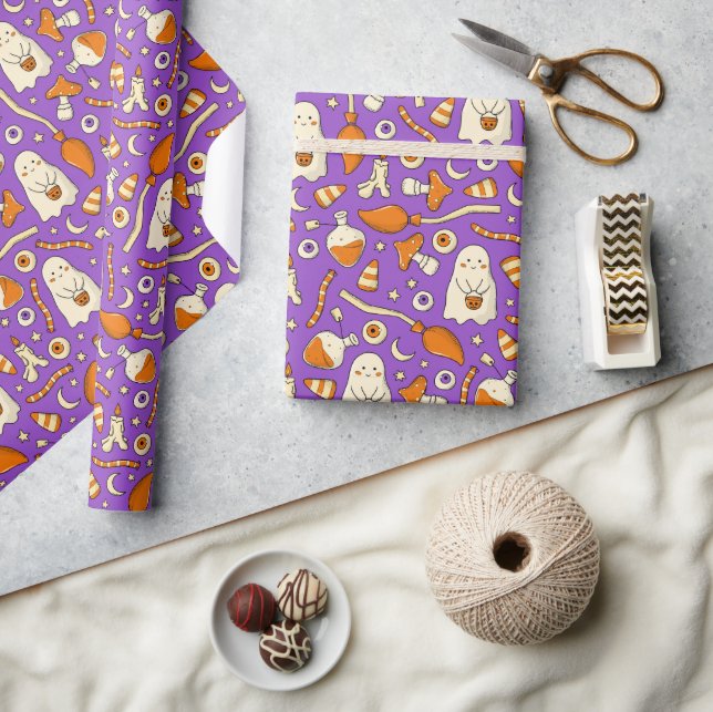 Cute ghosts Halloween Elegant purple Orang Wrapping Paper (Crafts)
