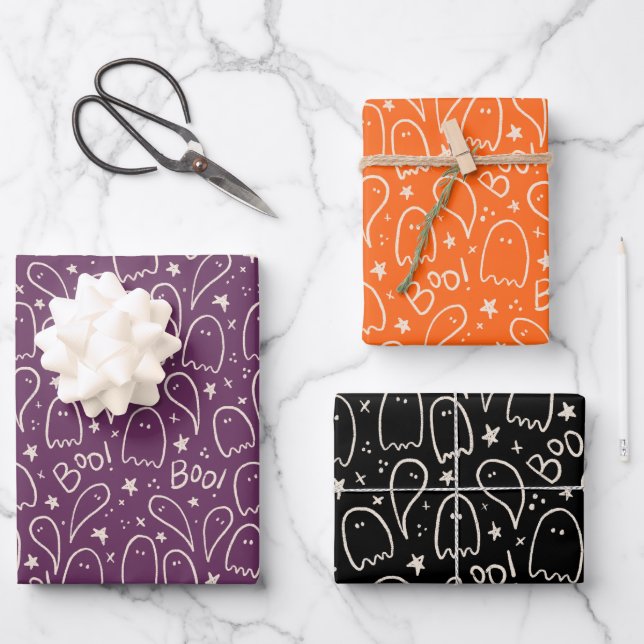 Cute Ghosts Halloween Pattern Gift Wrapping Paper Sheet (Front)