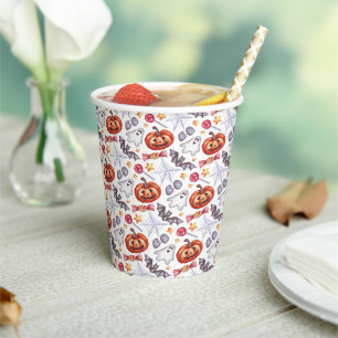 Cute ghosts Halloween watercolor patterns, Paper Cups