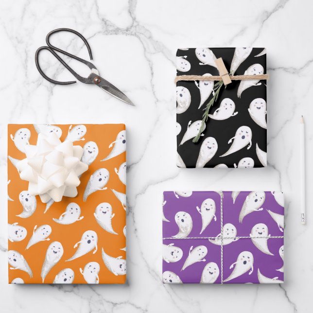 Cute Ghosts Halloween Wrapping Paper (Front)