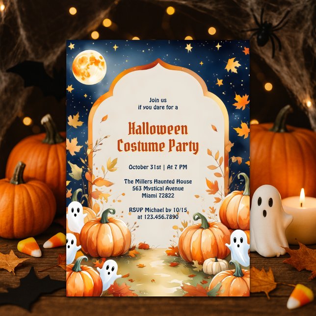 Cute Ghosts Kids Halloween Costume Party Invitation (Cute Ghosts & Pumpkins Kids Halloween Costume Party Invitation Full Moon Spooky Cute Fall Design)