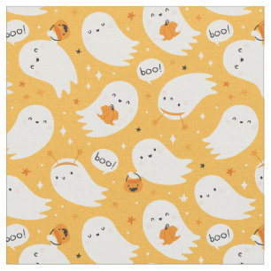 Cute Ghosts on Orange with pumpkin Candy baskets Fabric