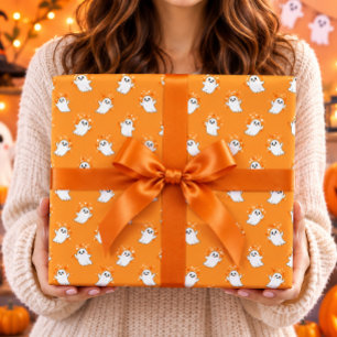 Cute Ghosts Orange Halloween Pattern Wrapping Paper