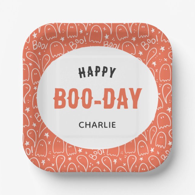 Cute Ghosts Pattern Happy 'Boo-Day' Personalised Paper Plate (Front)