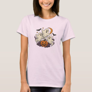 Cute Ghosts Pumpkin Halloween Womens Pink T-Shirt