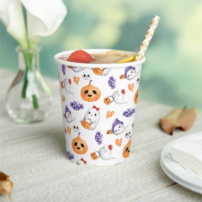 Cute Ghosts Pumpkin Pattern Halloween Party Paper Cups (Insitu)