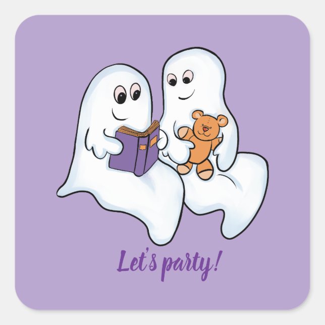 Cute ghosts reading together at Halloween Square Sticker (Front)