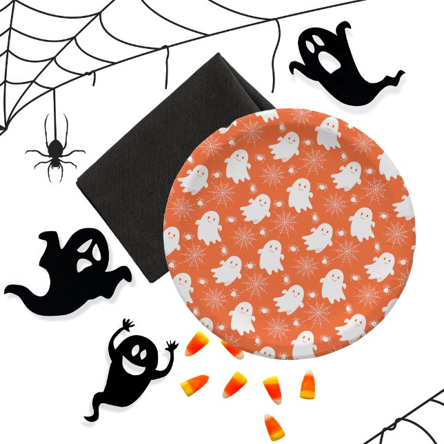 Cute Ghosts | Spiders | Spider Webs Halloween Paper Plate (Cute Ghosts, Spiders and Spider Webs Halloween Orange and White Patterned Paper Plates)