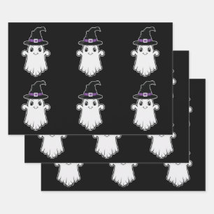Cute Ghosts Wearing A Witch Hats Halloween Pattern Wrapping Paper Sheet