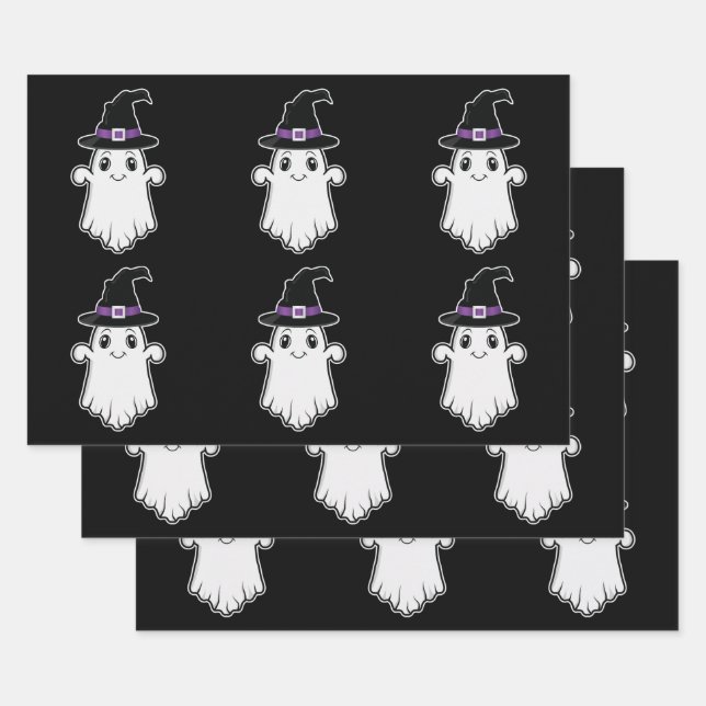 Cute Ghosts Wearing A Witch Hats Halloween Pattern Wrapping Paper Sheet (Set)