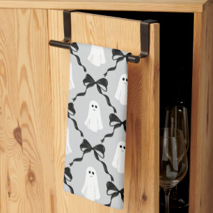 Cute Ghosts with Coquette Black Bows Halloween Tea Towel
