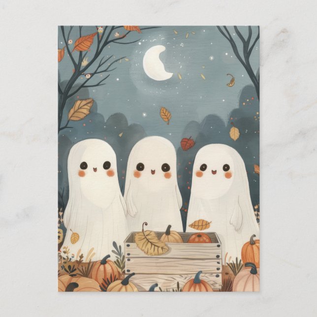 Cute Ghosts with Pumpkin Harvest Halloween Postcard (Front)