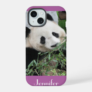 Cute Giant Panda Pale Purple Trim, Custom Name iPhone 15 Case