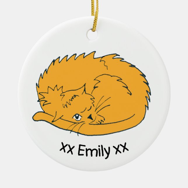 Cute Ginger Cartoon Cat with name Ceramic Tree Decoration (Front)