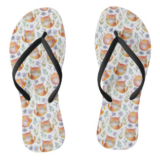 Cute Ginger Cat and Flowers Flip Flop