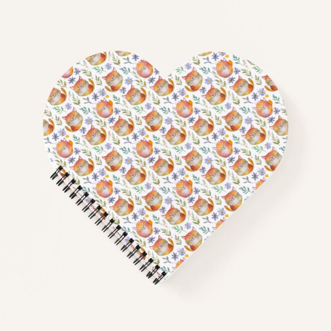 Cute Ginger Cat and Flowers Motif Spiral Notebook (Front)