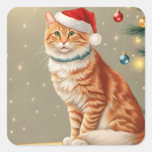 Cute Ginger Cat Christmas Square Sticker