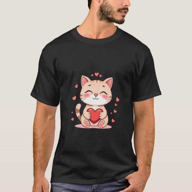 Cute Ginger Cat Hugging Red Heart Love Art ✨🐾❤️ T-Shirt (Front)