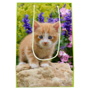 Cute Ginger Cat Kitten Flower Garden gift-wrapping Medium Gift Bag