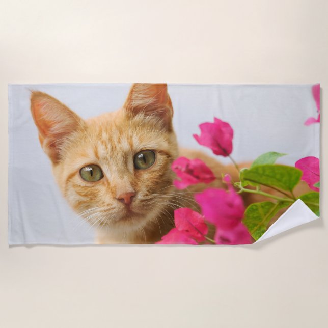 Cute Ginger Cat Kitten Watching Eyes Head Photo ,, Beach Towel (Front)