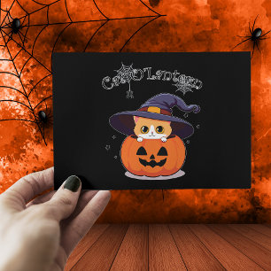 Cute Ginger Cat Witch in Halloween Jack-O-Lantern Postcard