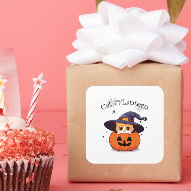 Cute Ginger Cat Witch in Halloween Jack-O-Lantern Square Sticker (Party)