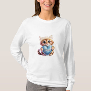 Cute Ginger Cat With Blue Heart White Long Sleeve T-Shirt