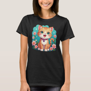 Cute Ginger Cat with Flowers -  Cartoon cat T-Shirt