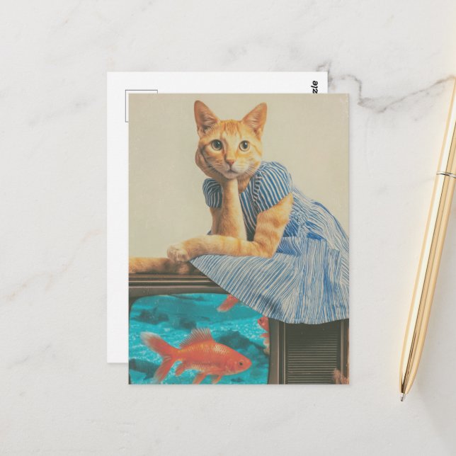Cute Ginger Cat With Goldfish Retro Collage Postcard (Front/Back In Situ)