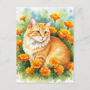Cute Ginger Cat with Marigold Postcard