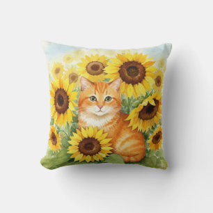 Cute Ginger Cat with Sunflowers Pillow