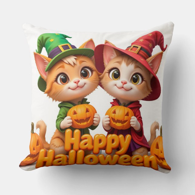 Cute Ginger Cats in Witch Hats Halloween Pumpkins Cushion (Front)