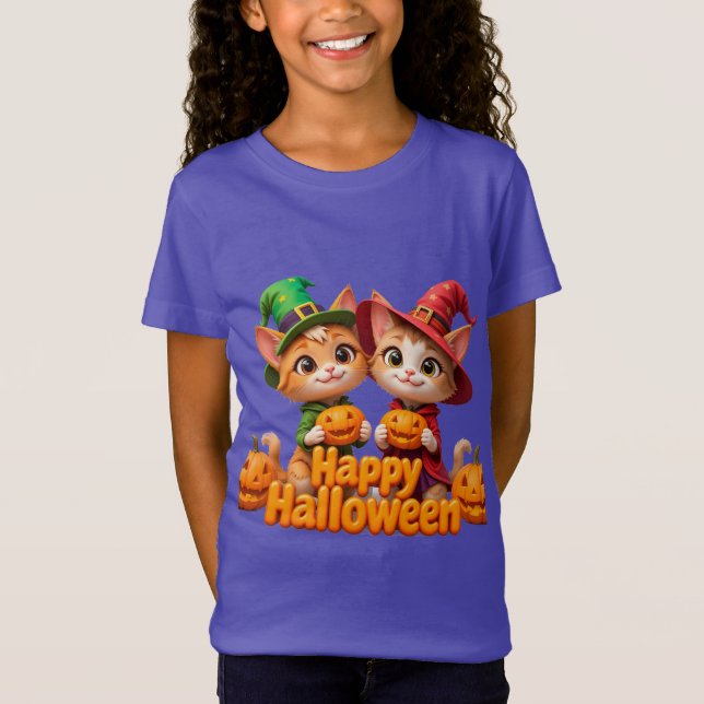 Cute Ginger Cats in Witch Hats Halloween Pumpkins T-Shirt (Front)