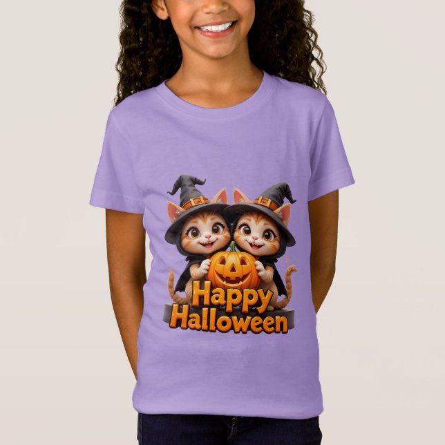 Cute Ginger Cats in Witch Hats Halloween Pumpkins T-Shirt (Front)