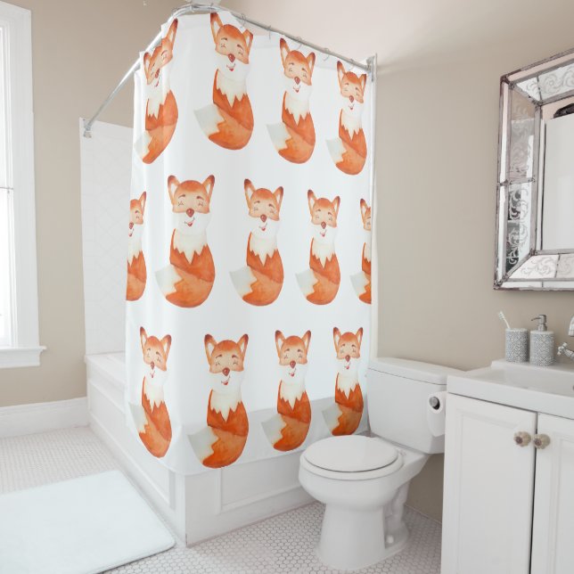 Cute ginger fox cartoon illustration shower curtain (In Situ)